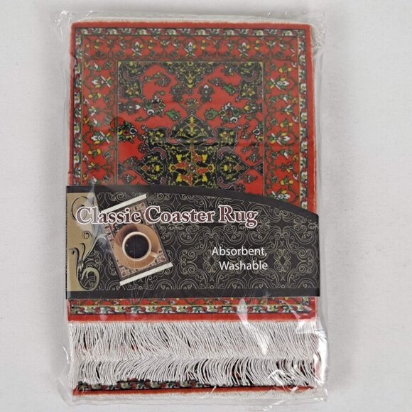 Arabic Rug Set of 4 Drink Coasters Red Black Green White Fringed Ends NWT - Picture 1 of 5